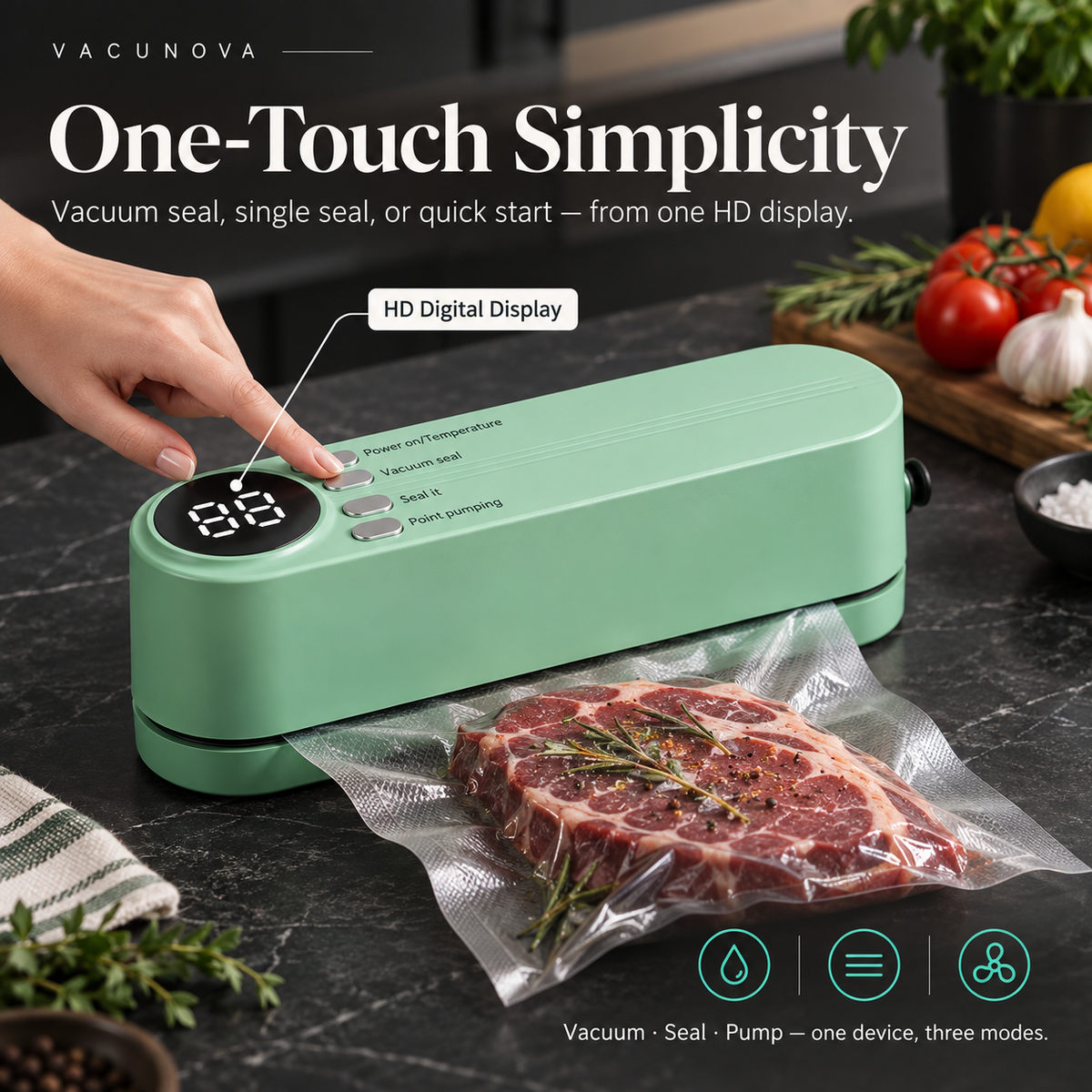 VacuNova Portable Vacuum Food Sealer | 60kPa Suction