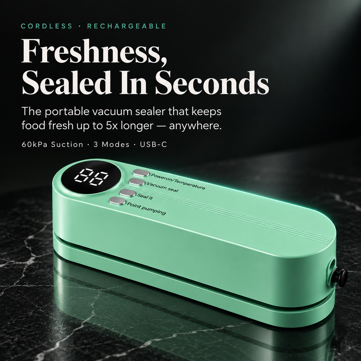 VacuNova Portable Vacuum Food Sealer | 60kPa Suction